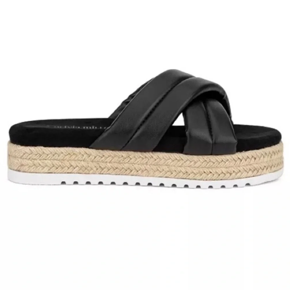 Olivia Miller Women's Black Faux Leather River Platform Slides Sandals